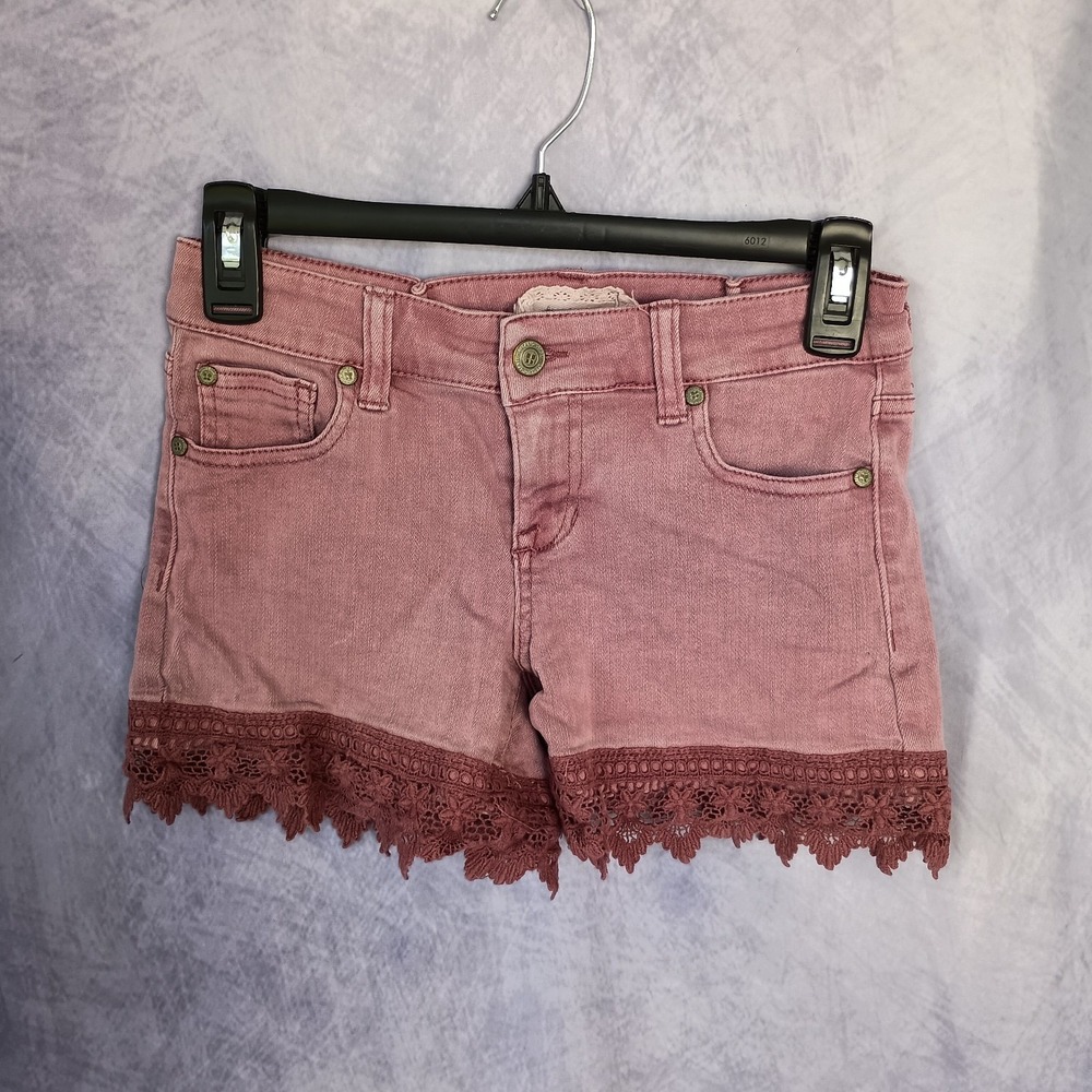 Altar'd State Pink Lace Trim Denim Shorts
